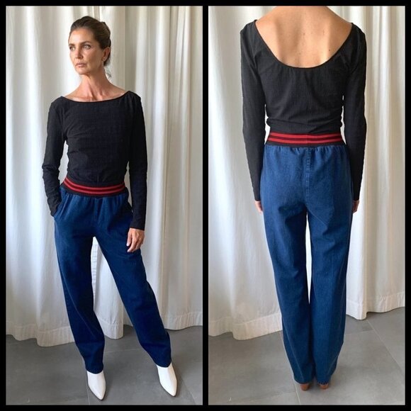 💕RACHEL COMEY💕 Doxa Pant Striped Elastic Waist Acid Wash Denim Navy Large NWT - Picture 4 of 16
